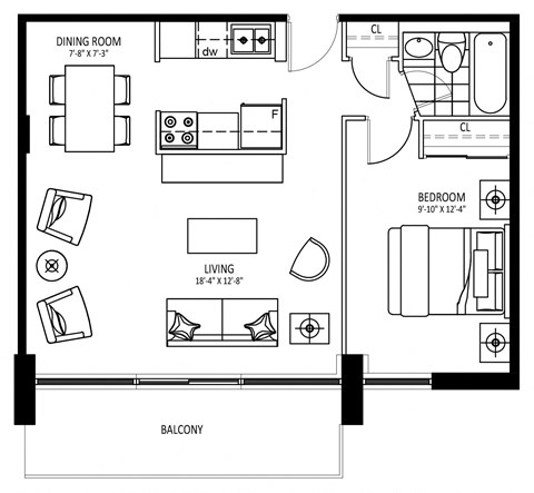 Floor plan for 1 bed, 1 bath, 614 sqft